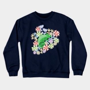 CHAMELEONS JUST WANNA HAVE FUN Cute Reptile Lizard with Rainforest Jungle Flowers in Jungle Green - UnBlink Studio by Jackie Tahara Crewneck Sweatshirt